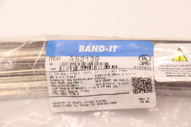 (100-Pk) Band-It Cable Tie Stainless Steel 1/4"W x 10"L x 2"D AS2139