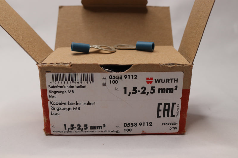 (100-Pk) Wurth Ring Connector PVC Insulated Copper Blue M8 1.5-2.5 mm2 0558-9112