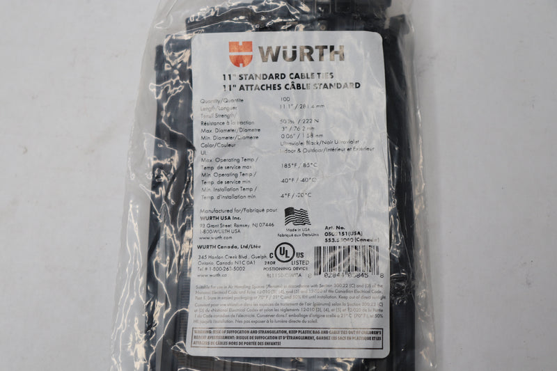 (100-Pk) Wurth Standard Cable Ties Nylon Black 11" 50 Lbs 0502151