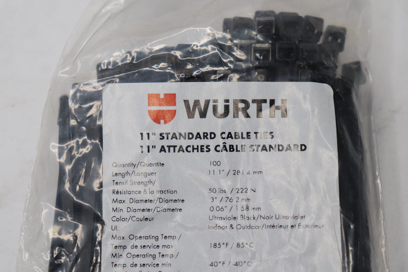 (100-Pk) Wurth Standard Cable Ties Nylon Black 11" 50 Lbs 0502151