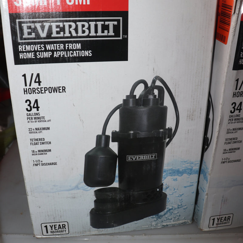 Everbilt Submersible Sump Pump 34 GPM 1/4 Horsepower With Tethered Switch -Used