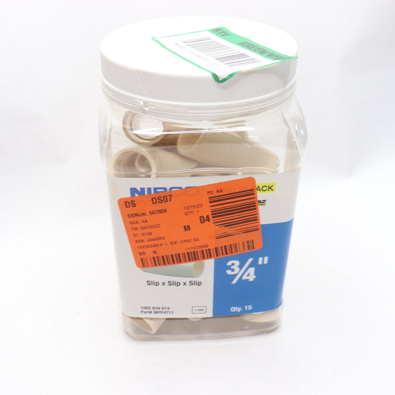 (15-Pk) Nibco All Slip Tee Fitting Plastic 3/4 x 3/4 MPP4711