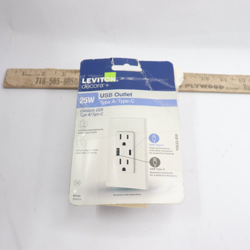 Leviton Decora Duplex Receptacle Outlet USB Charger White 15A/125V T5633-BW