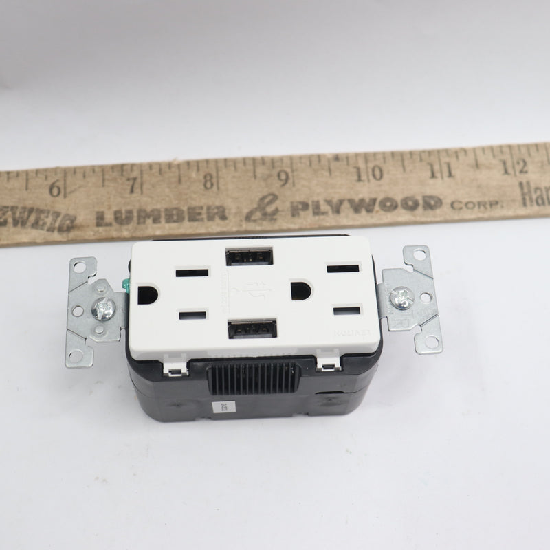 Leviton 2-Port Combination Duplex Receptacle w/ USB Charger 125 Vac 15 A 2 Pole