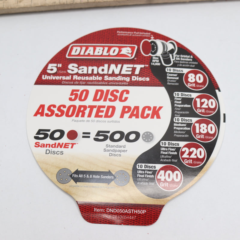 (50-Pk) Diablo SandNET Reusable Sanding Discs Assorted Pack 5" DND050ASTH50P