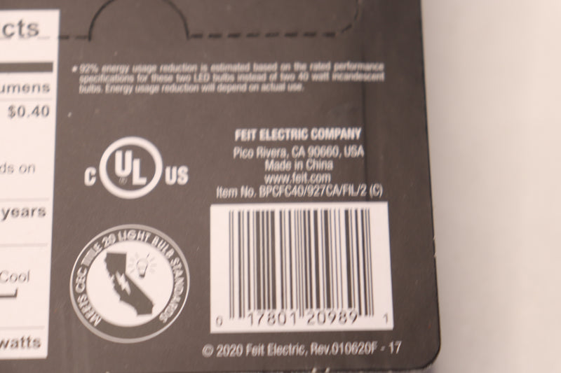 (2-Pk) Feit Electric LED Bulb Dimmable CA10 40W BPCFC40/927A/CIL/2