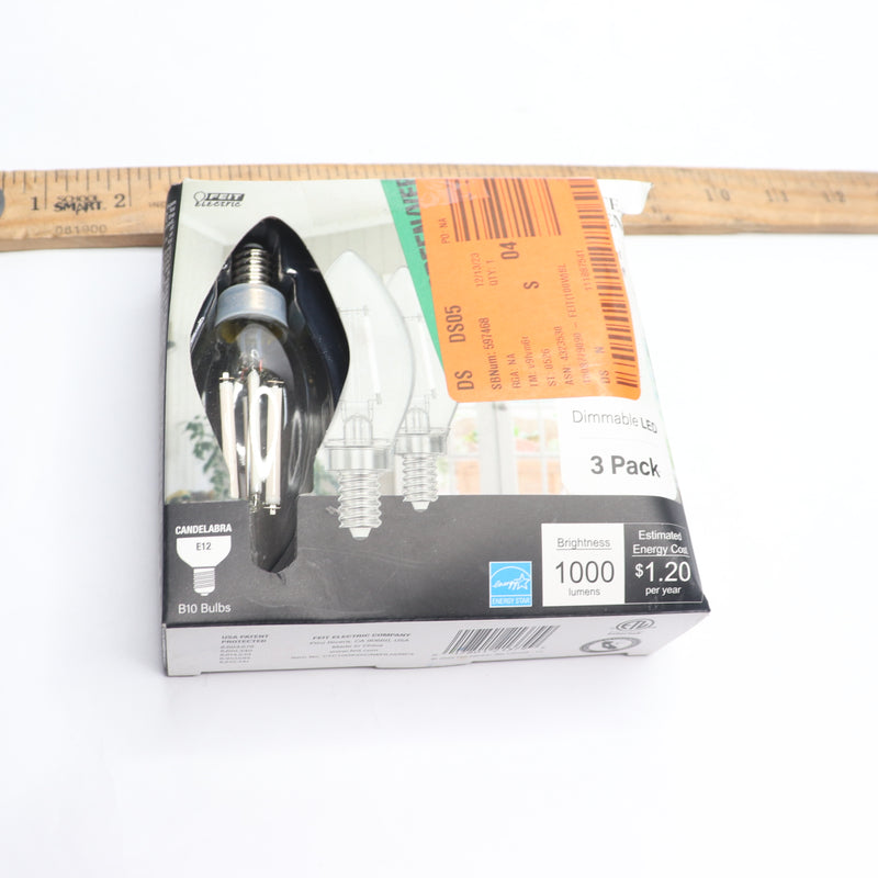 (3-Pk) Chandelier LED Light Bulb True White Glass Clear B10 E12 3500K 100W