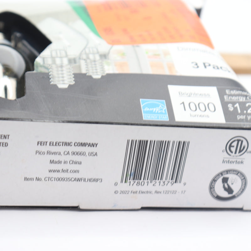 (3-Pk) Chandelier LED Light Bulb True White Glass Clear B10 E12 3500K 100W