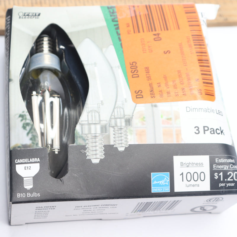 (3-Pk) Chandelier LED Light Bulb True White Glass Clear B10 E12 3500K 100W