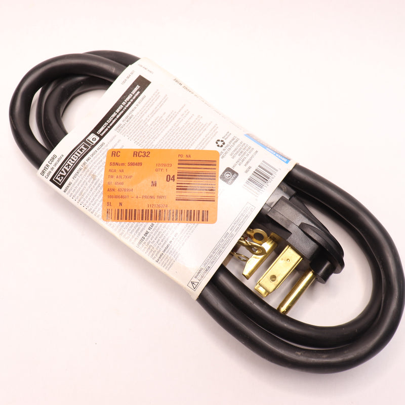 Everbilt Electric Dryer Cord Connector 4 Prong 30 Amp PVC Black 6' 1004064601