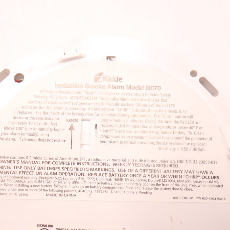 Kidde Smoke Alarm Detector Sensor Battery Operated White I9070