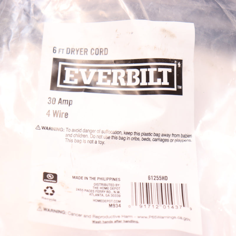 Everbilt 4-Wire Electric Dryer Plug Black 10 Gauge 125/250V 6' 61255HD