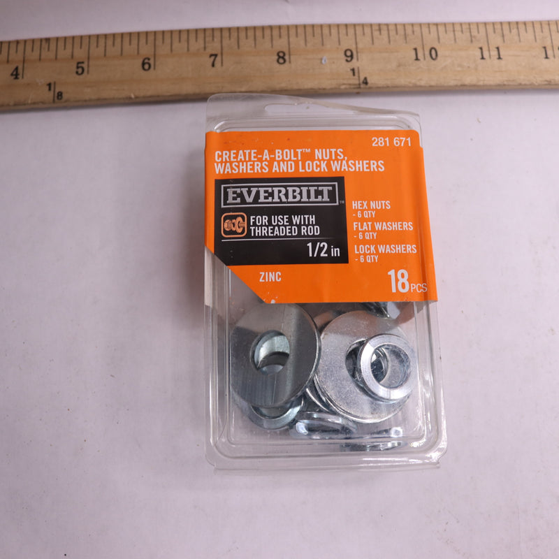 (18-Pk) Everbilt Nuts, Washer and Lock Washer Zinc-Plated 1/2" 281 671