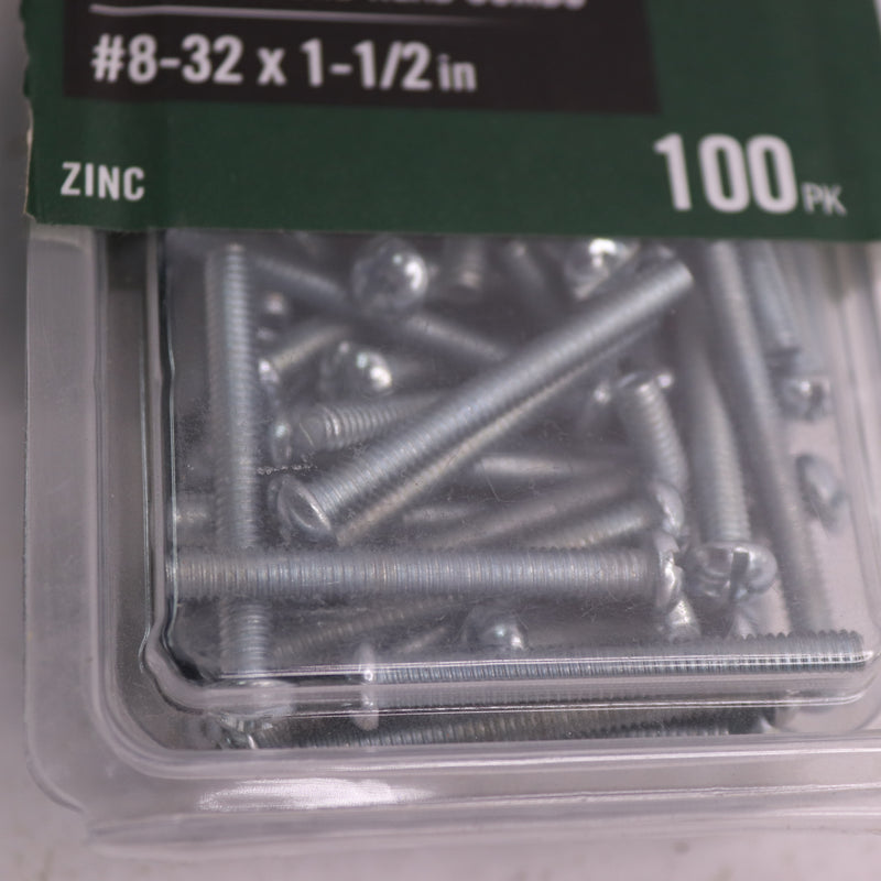 (100-Pk) Round-Head Combo Drive Machine Screw Zinc 8-32 TPI x 1-1/2" 253 936