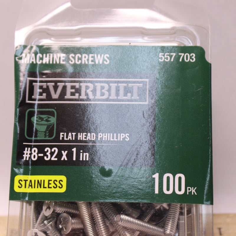 (100-Pk) Everbilt Flat-Head Phillips Machine Screws 8-32 tpi x 1" Coarse