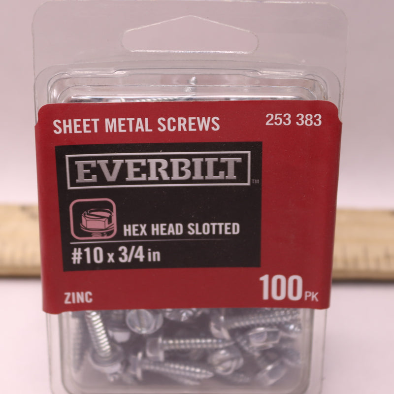 (100-Pk) Everbilt Slotted Hex Head Sheet Metal Screws Zinc Plated