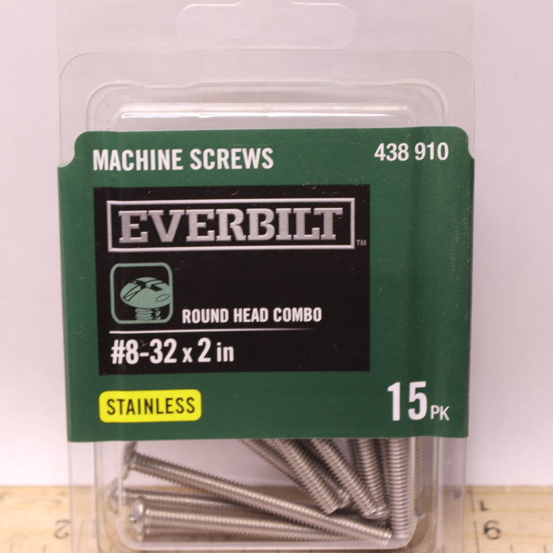 (15-Pk) Everbilt Round-Head Machine Screw Stainless-Steel 8-32tpi x 2" 438 910