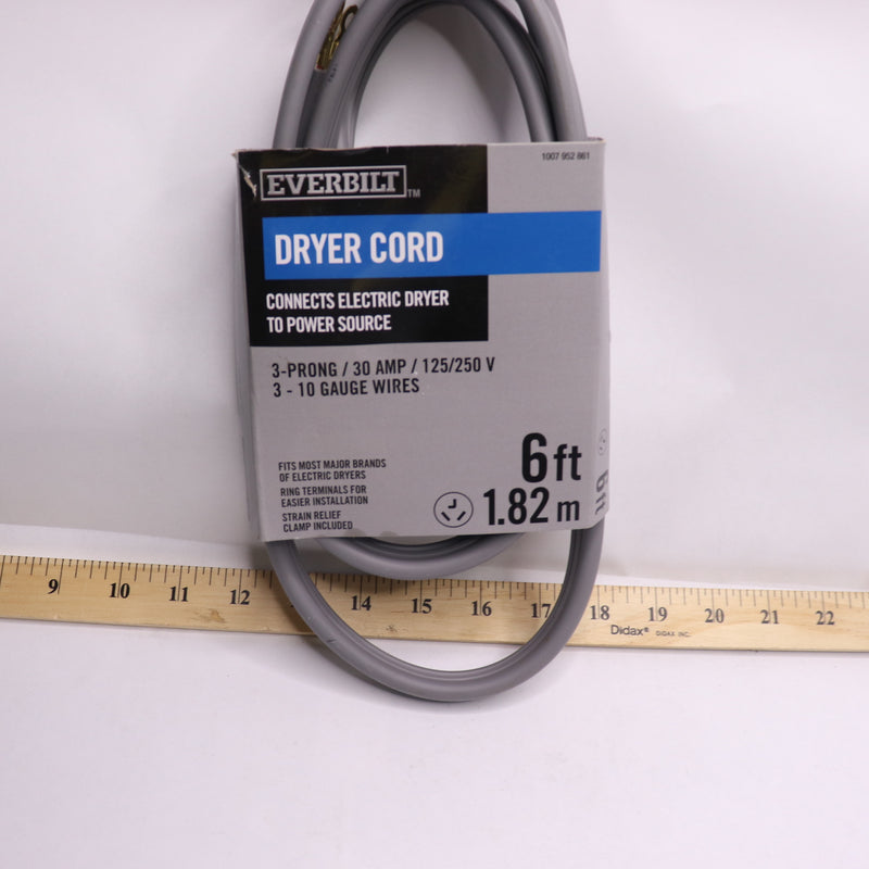 Everbilt Dryer Cord Gray 3-Prong 30Amp 6Ft EB09X10004