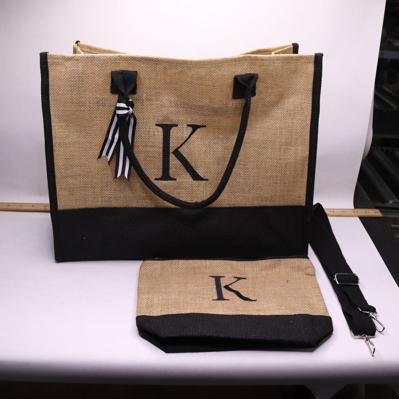 Yoolife Initial Jute Tote Bag & Makeup Bag with Zipper Pocket Adjustable Strap