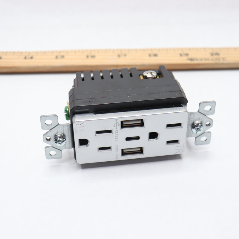 3-Port Type C USB Wall Outlet Silver with Wall Plate 15A-Plug only No WallPlate