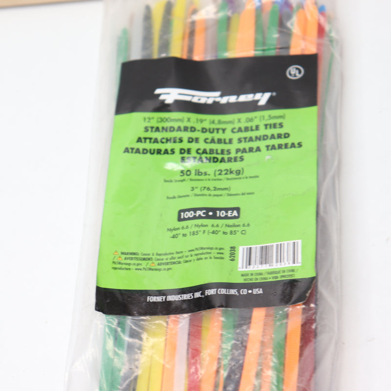 (100-Pk) Forney Standard Duty Cable Ties Assorted Color Nylon 150 lb. 12" 62038