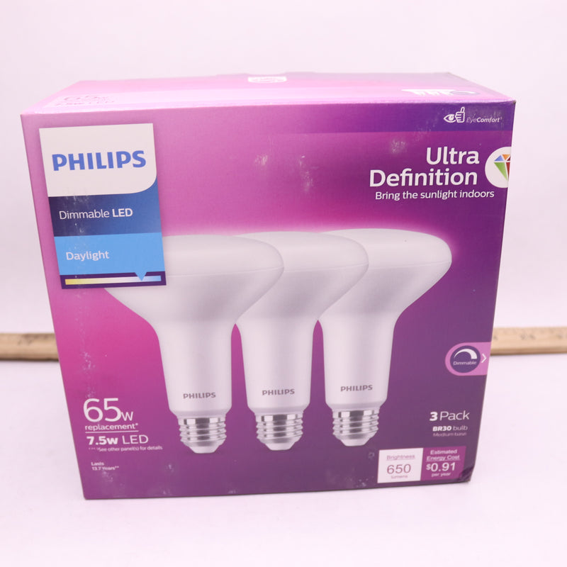 (3-Pk) Philips LED Flicker-Free Frosted Dimmable Light Bulb Daylight E26 65W
