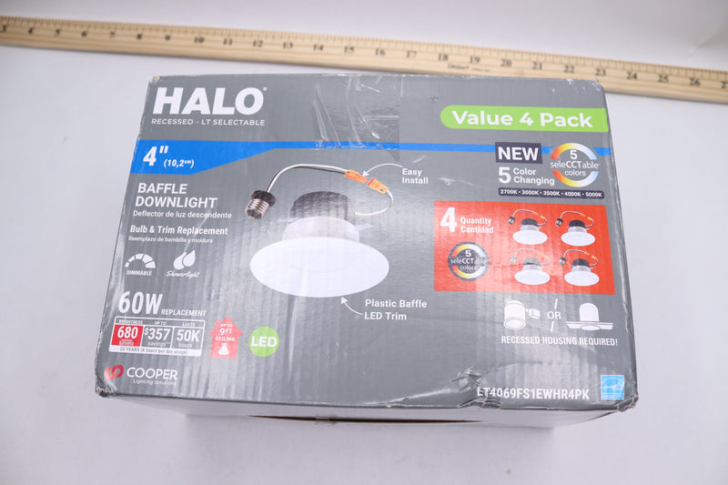 (4-Pk) Halo LED Recessed Light with Baffle Trim 650-Lumens Matte White 4"