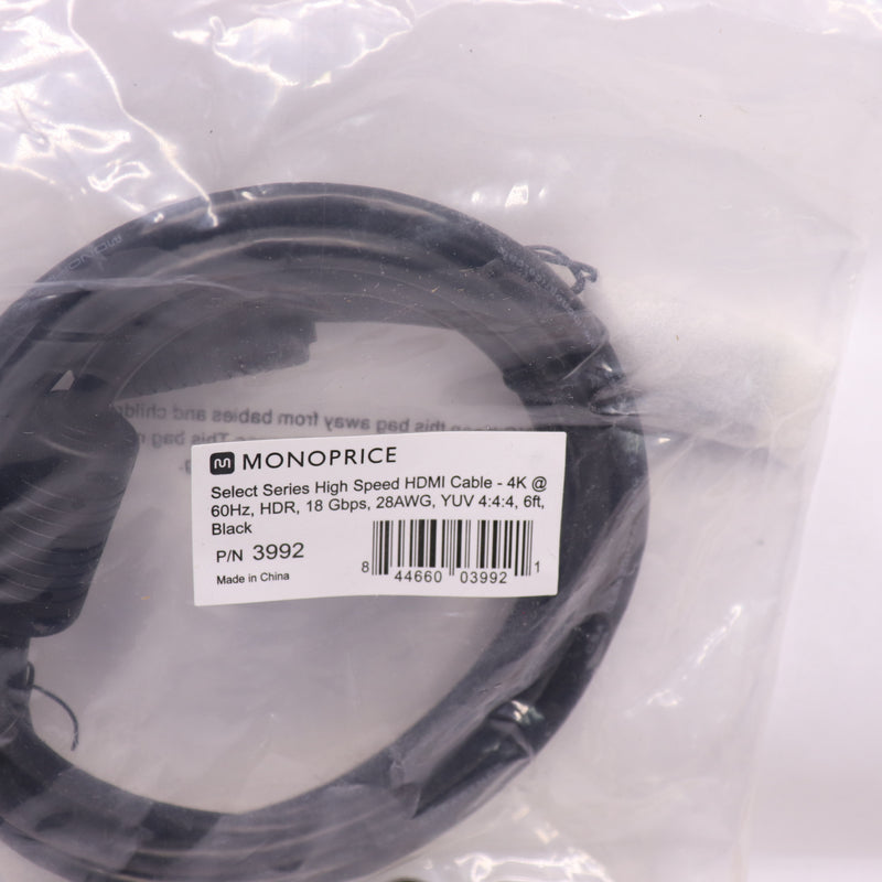 Monoprice HDMI Cable Black HDR 1080p 4K60Hz 18Gbps 6' 3992