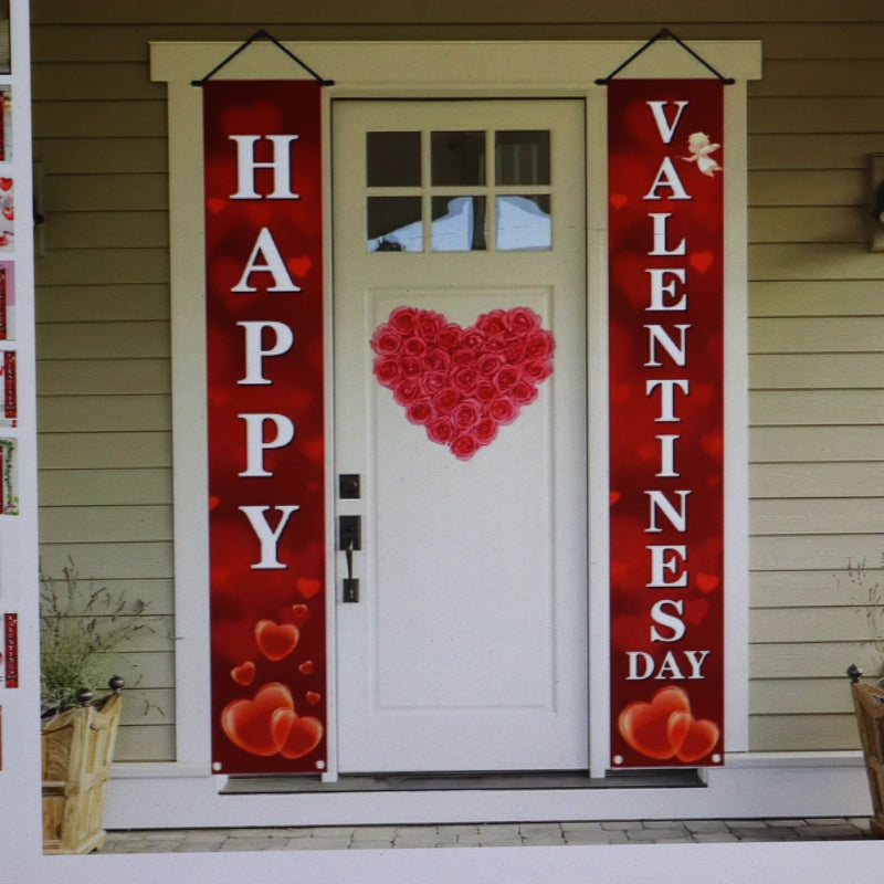 (2-Pk) Front Door Porch Sign Happy Valentine's Day Polyester Red 11.8" x 70.8"