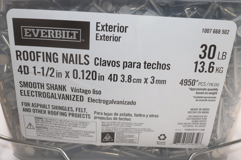 (4,950-Pk) Everbilt Roofing Nails Electro-Galvanized 4D 1-1/2" 30LBS 1007 668 50