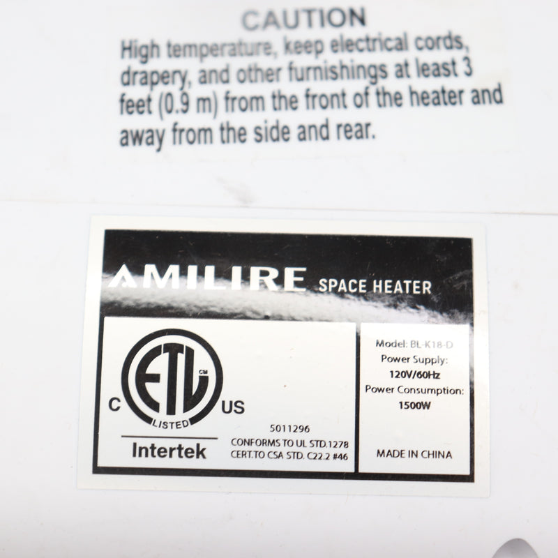 Amilire Tabletop Electric Space Heater Fan White 1500W BL618D No Remote