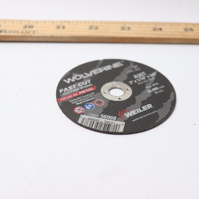 Weiler Cutoff Wheel Aluminum Oxide 36 Grit 3" x 1/16" x 3/8" Hole 56068