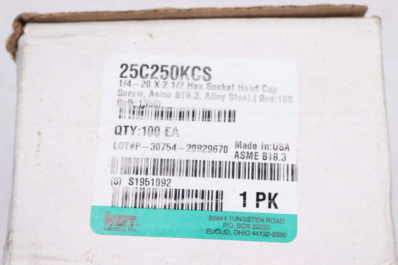 (100-Pk) Kerr Lakeside Socket Head Cap Screws Alloy Steel 1/4"-20 x 2-1/2" L