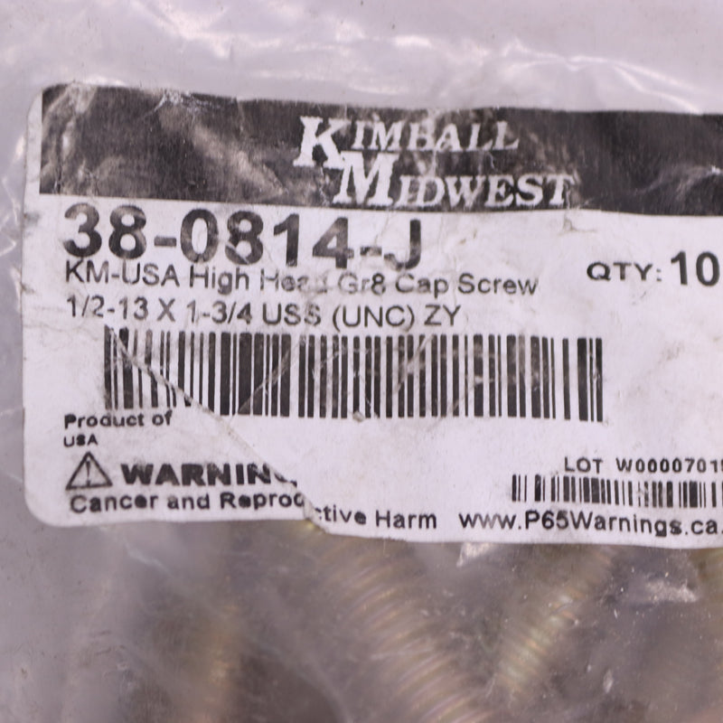 (10-Pk) Kimball Midwest Cap Screw High Head GR8 1/2"-13 x 1-3/4"