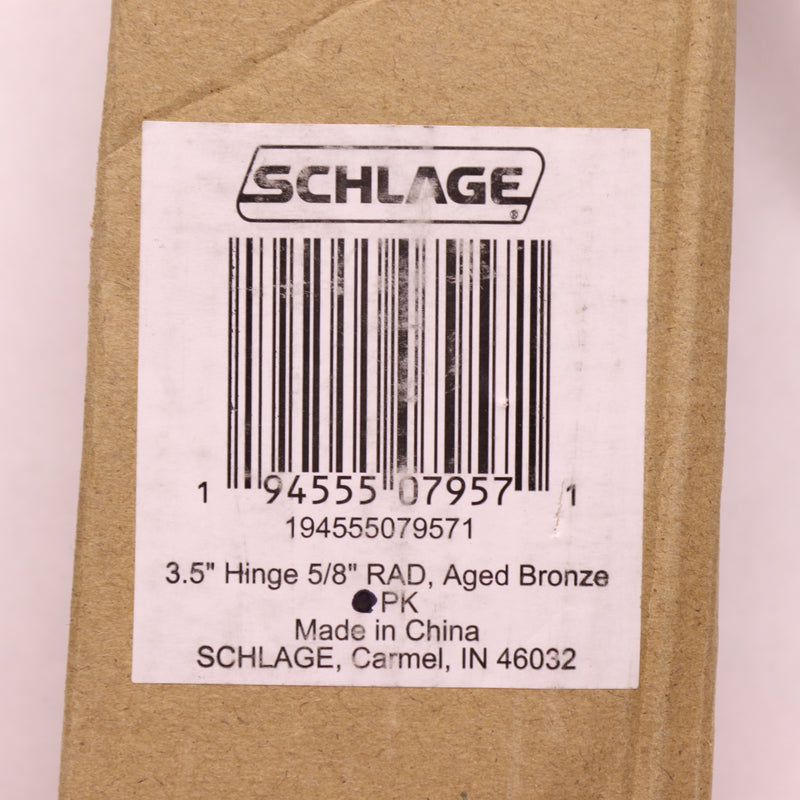 (2-Pk) Schlage Door Hinge Steel Aged Bronze 3.5" x 5/8" Rad - With Hardware