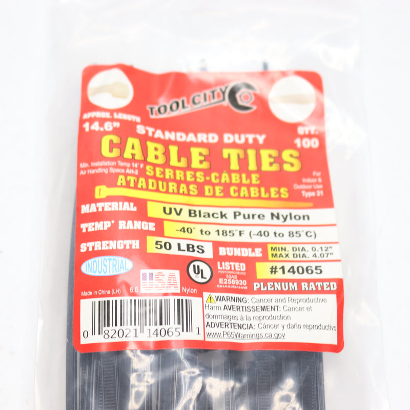 (100-Pk) Tool City Standard Duty Cable Ties Tensile 50Lb Black 14.6" 14065