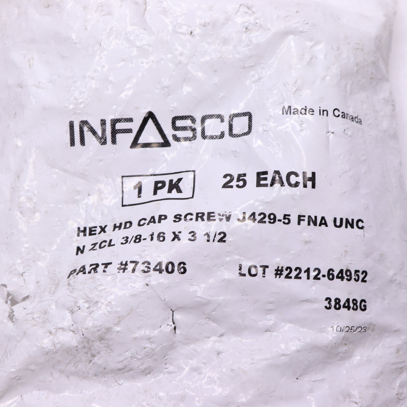 (25-Pk) Infasco Hex Head Cap Screws Grade 5 Steel Zinc Plated 3/8"-16 x 3-1/2"