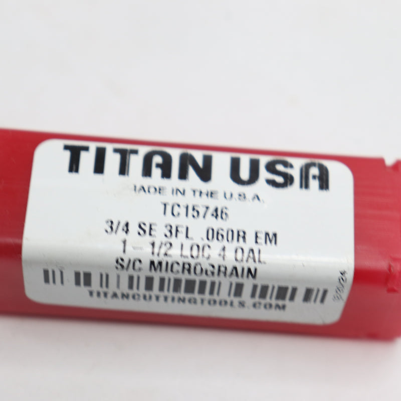 Titan 3 Flute Uncoated Carbide Corner Radius End Mill 3/4" X 1-1/2" TC15746