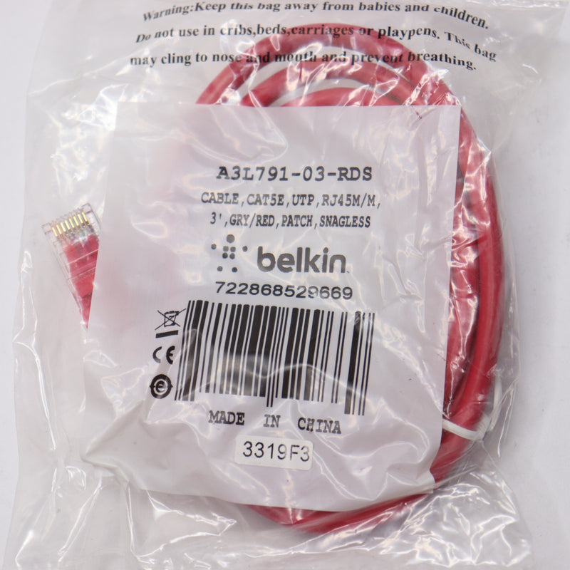 Belkin Patch Cable Cat5e UTP RJ45M Red 3' A3L791-03-RDS