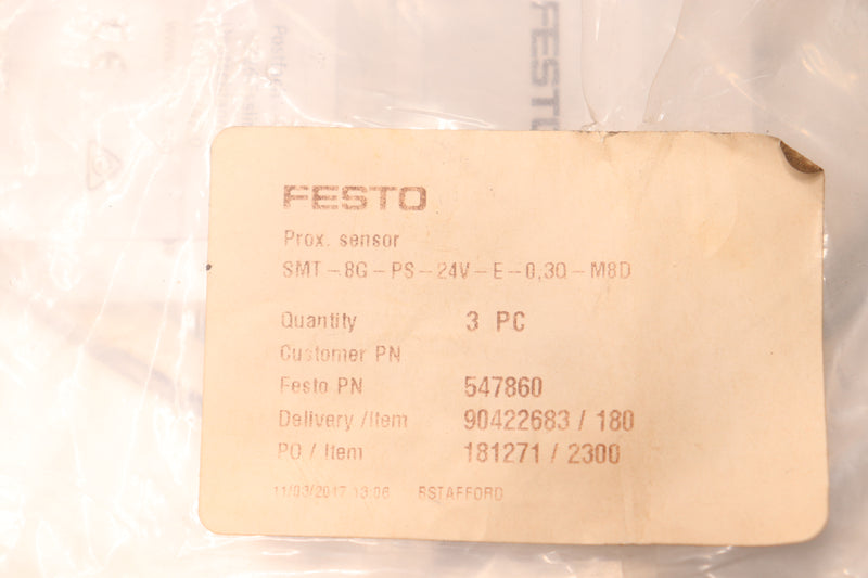 (3-Pk) Festo Proximity Sensor 10-30V SMT-8G-PS-24V-E-0