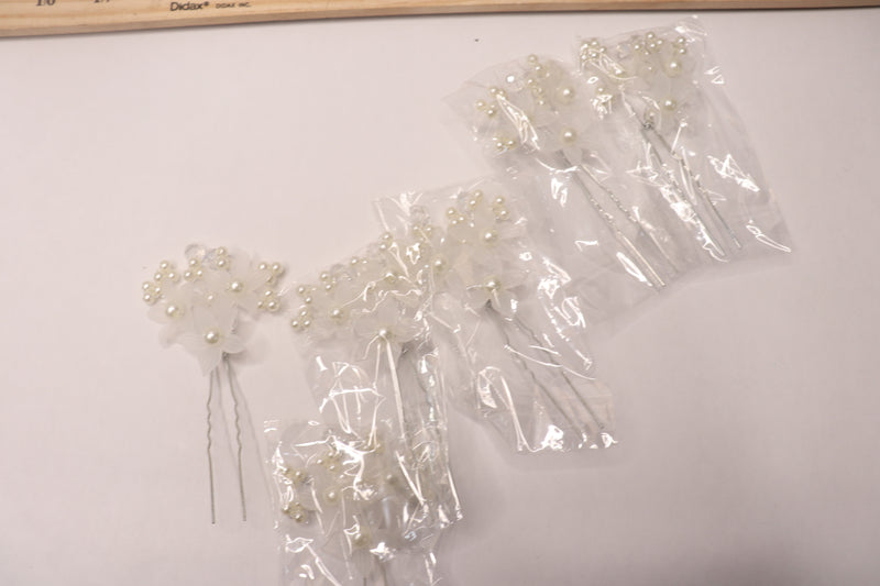 (6-Pk) Pearl Head Flower Hair Clip Fork U-Shaped Handmade White Small