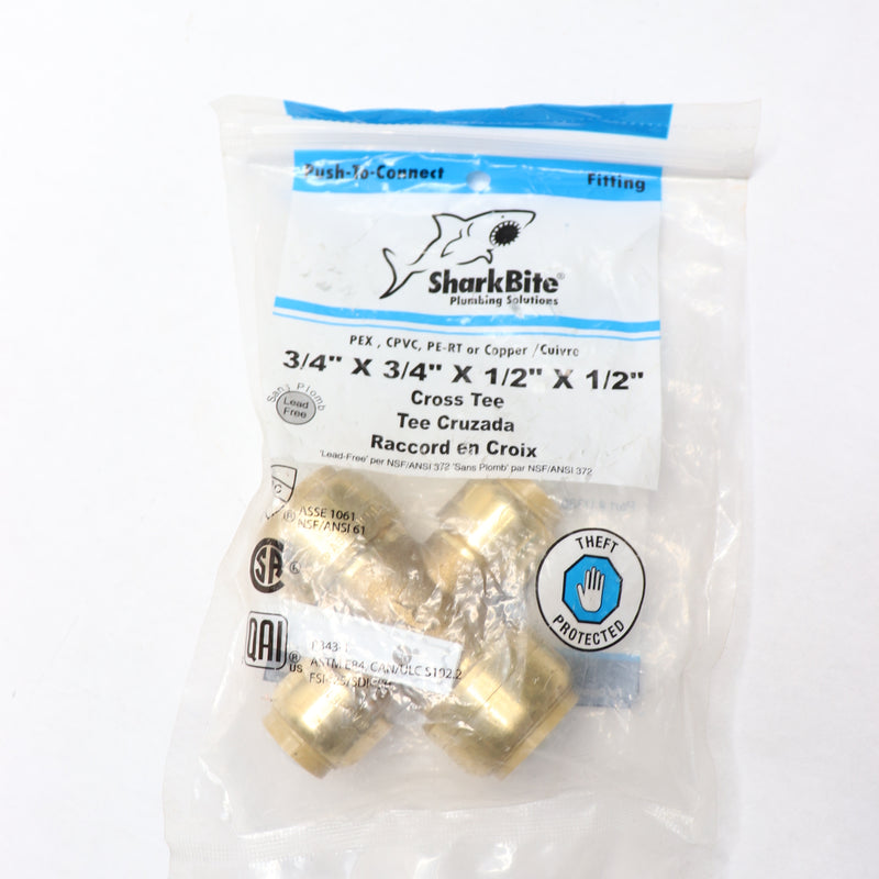 SharkBite Cross Tee Push To Connect Plumbing Fitting Brass 3/4" x 1/2" U380LFA