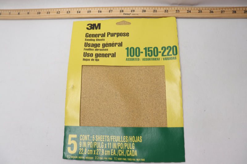 (5-Pk) 3M Sandpaper Assorted Grit Aluminum Oxide 9" x 11" 9005NA