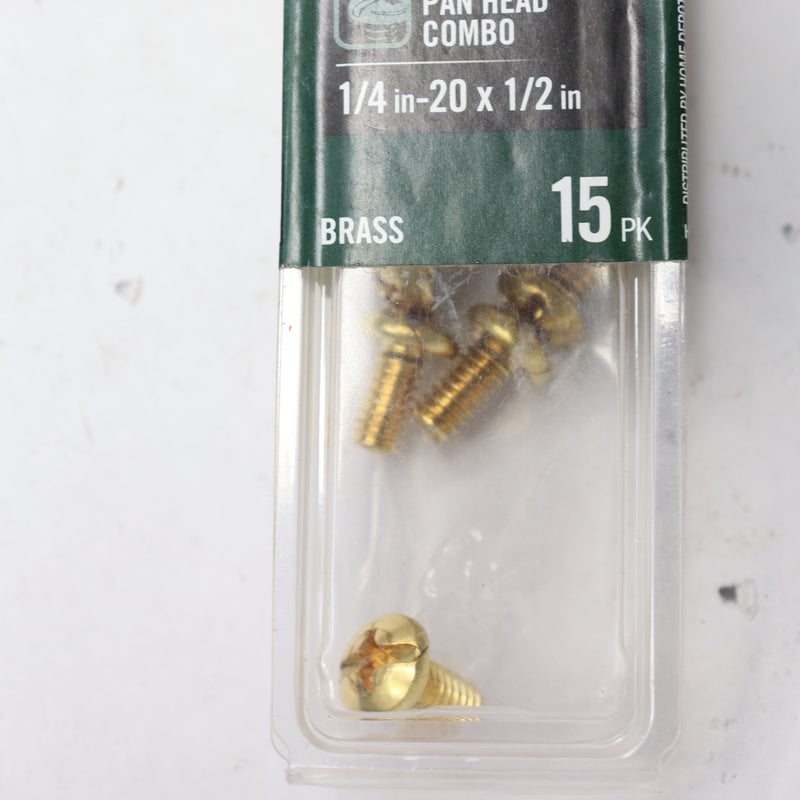 (15-Pk) Everbilt Pan Head Combo Machine Screw  Brass 1/4"-20 Tpi x 1/2" 800075