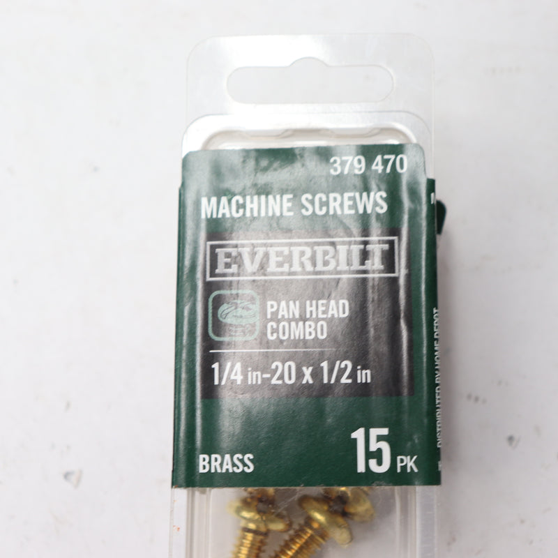 (15-Pk) Everbilt Pan Head Combo Machine Screw  Brass 1/4"-20 Tpi x 1/2" 800075