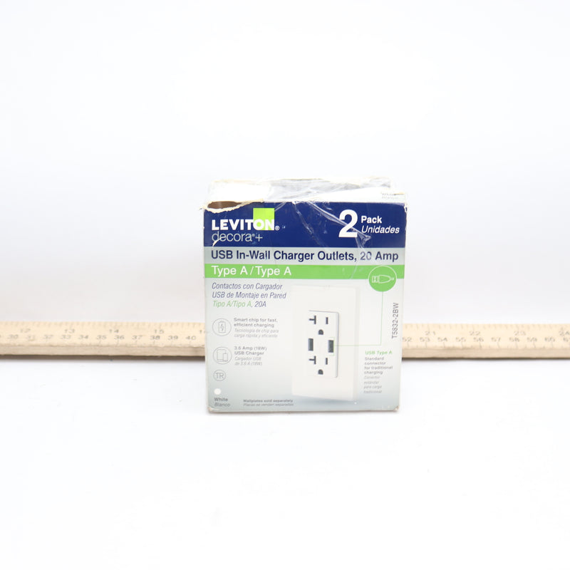 (2-Pk) Leviton Combination Duplex Outlet and USB Outlet White 20 Amp 125-Volt