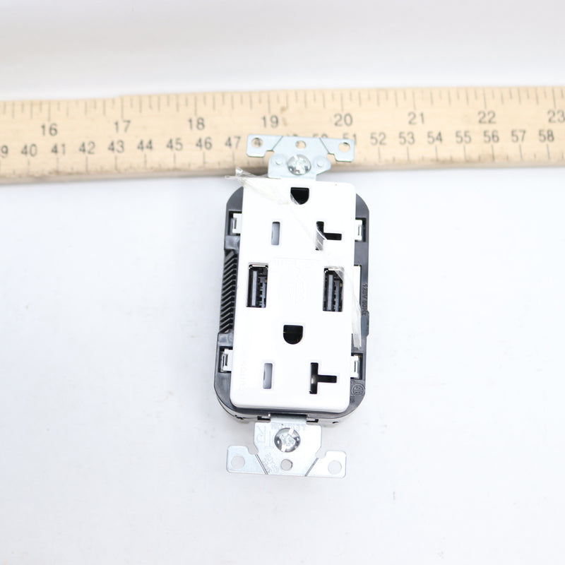 (2-Pk) Leviton Combination Duplex Outlet and USB Outlet White 20 Amp 125-Volt