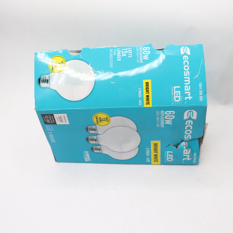 (3-Pk) EcoSmart Frosted Glass Filament Vintage Edison LED Light Bulb G25 60W Eqv