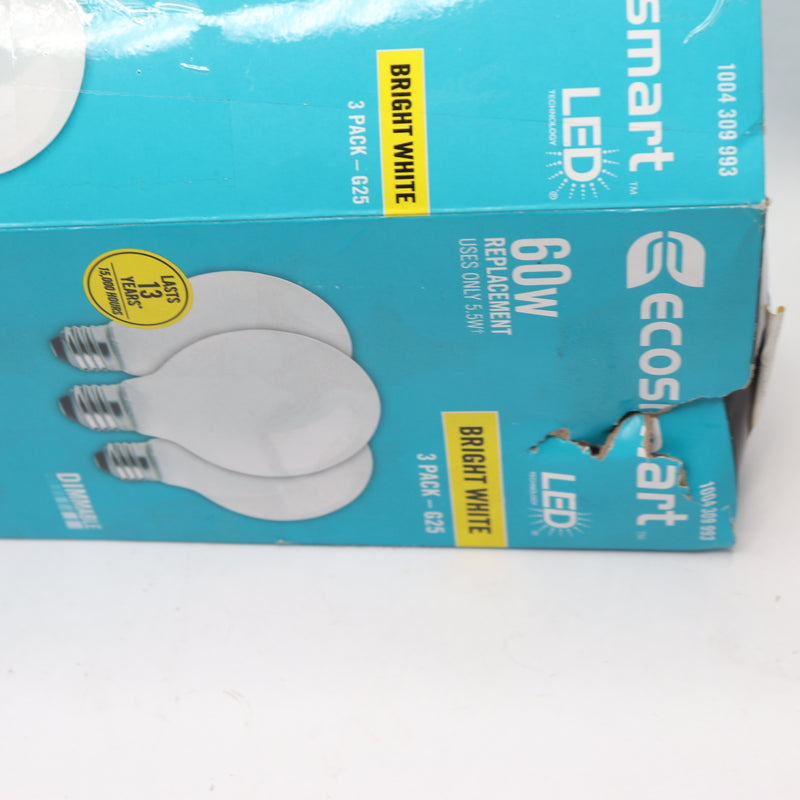 (3-Pk) EcoSmart Frosted Glass Filament Vintage Edison LED Light Bulb G25 60W Eqv