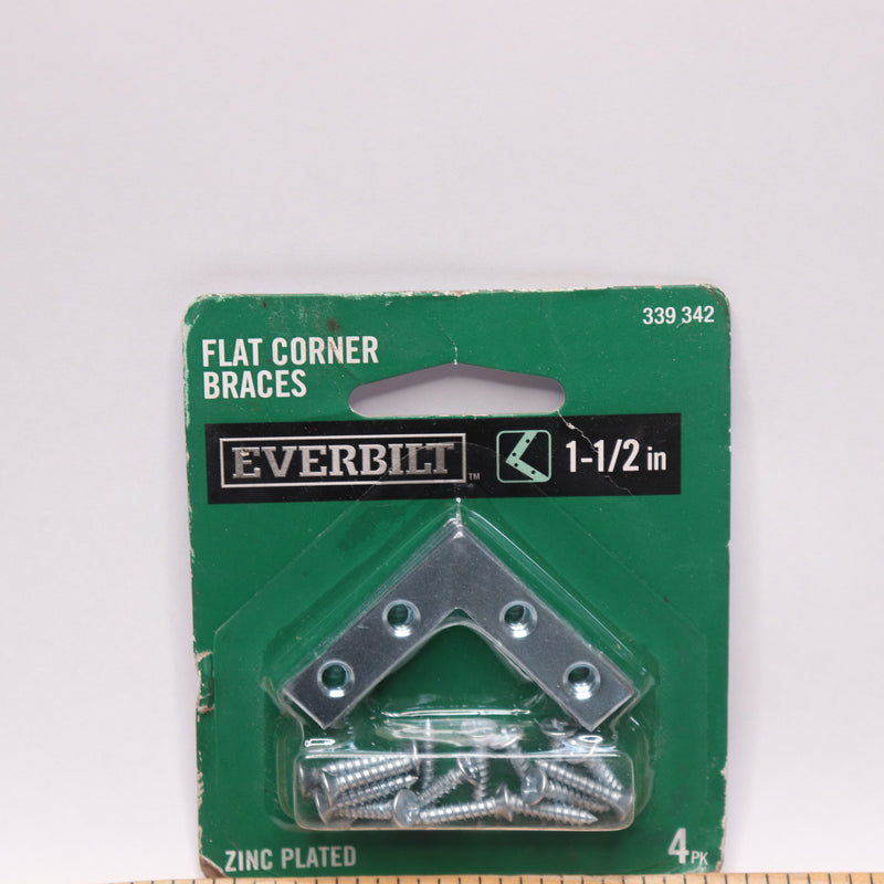 (4-Pk) Everbilt Flat Corner Brace Zinc-Plated 1-1/2" 339 342-New Unopened